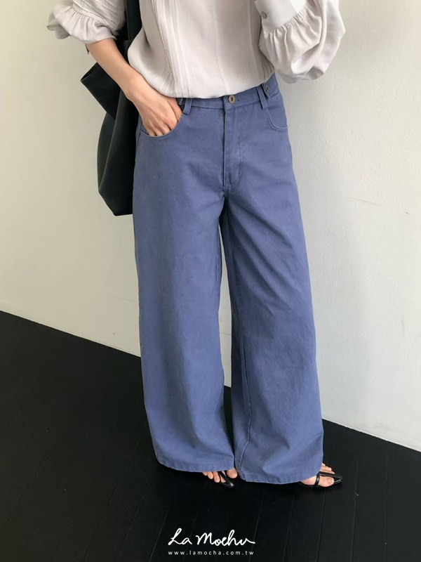 腰雙鈕扣垂墜牛仔寬褲